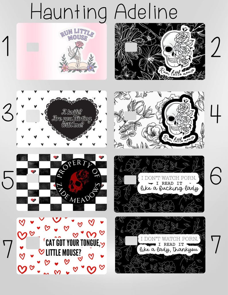 Puede incluir: Una colecci&oacute;n de dise&ntilde;os para tarjetas de cr&eacute;dito con varios dise&ntilde;os. Los dise&ntilde;os incluyen una calavera con rosas, patrones florales, un patr&oacute;n de tablero de ajedrez y texto como "Run Little Mouse" y "I don't watch porn."