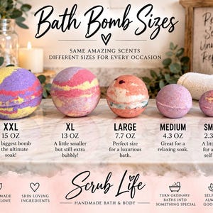 May include: Five spherical bath bombs in varying sizes from XXL to small, labelled with weights from 425g to 65g. The text reads Bath Bomb Sizes, Scrub Life, and descriptive phrases. The bombs feature colourful, swirled patterns in yellow, pink, and purple.