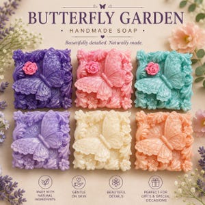 May include: Six handmade soaps in various colors, each featuring a butterfly design and a small rose. The soaps are purple, pink, teal, lavender, cream, and peach. The text reads "BUTTERFLY GARDEN HANDMADE SOAP".