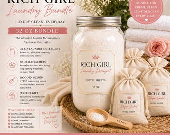 Paquete de detergente para ropa de chica rica con sobres y cuchara medidora