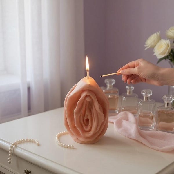 May include: A light peach-colored candle shaped like a vulva with a lit wick. The candle is positioned on a white surface next to a string of white pearls, a light pink fabric cloth, and several clear glass perfume bottles.