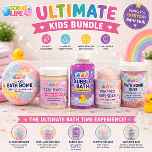 May include: An assortment of Scrub Life kids' bath products, including a bath bomb, body balm, bubble bath, whipped soap, and bath bomb dust. The products are in colorful packaging with text that reads "Ultimate Kids Bundle" and "Everyday Bath Fun!"