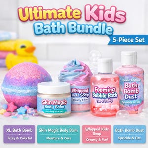 May include: An Ultimate Kids Bath Bundle, a 5-piece set, featuring a colorful XL bath bomb, Skin Magic Body Balm, Whipped Kids Soap, and Bath Bomb Dust. The set includes a yellow rubber ducky and decorative stars.