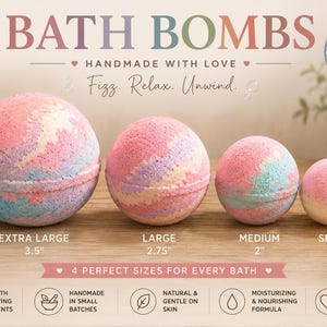 May include: Four colorful bath bombs in varying sizes, from 1.5 to 3.5 inches, with pink, blue, and purple hues. The image includes text that says "Bath Bombs" and "Handmade with Love". The bath bombs are on a wooden surface.