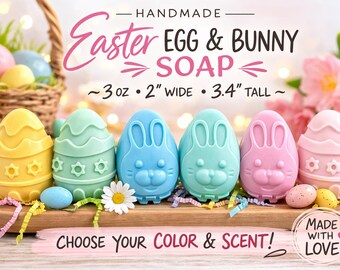 Easter Bunny and Egg Soap Set of 6, Pastel Basket Gift, Spring Bathroom Decor
