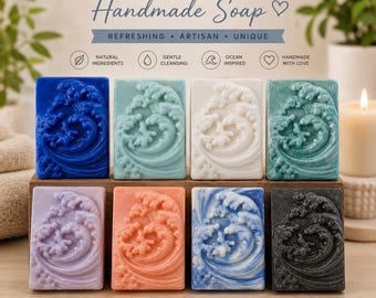 May include: Eight rectangular handmade soaps with a wave design in various colours, including blue, green, white, purple, orange, and black. The text "OCEAN WAVE Handmade Soap" is at the top. The soaps are described as refreshing, artisan, and unique.