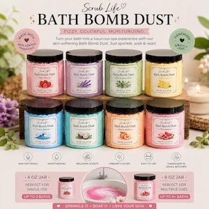 Peut inclure: Plusieurs pots de Bath Bomb Dust de Scrub Life aux parfums variés, comme fraise, lavande et pastèque. Les pots sont présentés sur une surface en bois, avec du texte indiquant les caractéristiques du produit. L'image contient également le texte "Bath Bomb Dust".