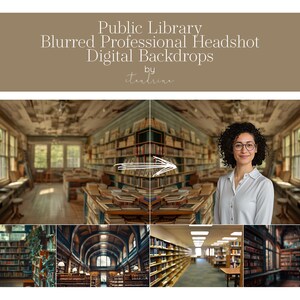 May include: A set of digital backdrops featuring blurred images of a public library. The backdrops are ideal for professional headshots.