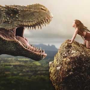 T-Rex Digital Background, Tyrannosaurus Rex Digital Backdrop, Fantasy Digital Backgrounds, Roaring T-Rex on Cliff Backdrop for Photoshop