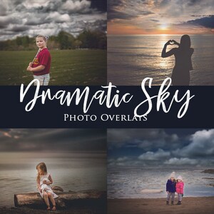 May include: Four images of different skies with dramatic clouds. The first image shows a cloudy sky over a green field. The second image shows a sunset over the ocean with a heart shape made by the sun's reflection. The third image shows a cloudy sky over a beach with a girl sitting on a log. The fourth image shows a cloudy sky over a beach with two girls standing on the sand.