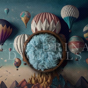 Hot air Balloon Newborn Digital Backdrop, Hot air Balloons Baby Backdrop, Newborn Digital Backdrops for Photoshop Composites