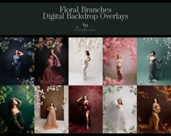 Floral Branch Backdrop Overlays, Flower Branch Digital Overlays, Maternity Backdrop Overlays, Blurred Branch Overlay for Photoshop Composite