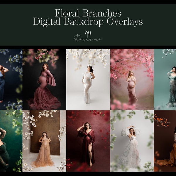 Floral Branch Achtergrond Overlays, Flower Branch Digitale Overlays, Moederschap Achtergrond Overlays, Wazig Branch Overlay voor Photoshop Composiet