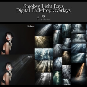 May include: A collection of 24 digital overlays featuring smoky light rays. The overlays are ideal for adding a dramatic and ethereal effect to photos. The overlays are in various shades of blue, grey, and white.
