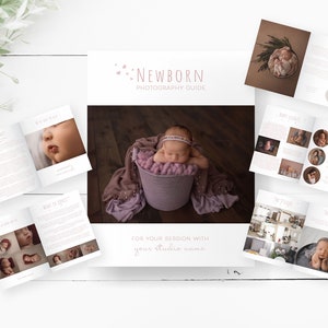 Könnte beinhalten: Ein Neugeborenen-Fotografie-Leitfaden in rosa und weiß. Der Leitfaden enthält Tipps zum Fotografieren von Neugeborenen, Pose-Ideen und Beispielbilder. Das Cover zeigt ein schlafendes Baby in einem Eimer.