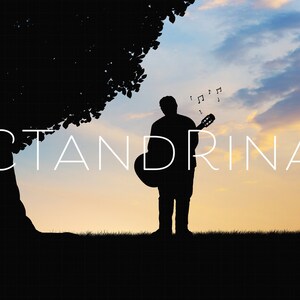Peut inclure: Silhouette d'une personne jouant de la guitare sous un arbre au coucher du soleil avec le mot "CTANDRINA" en texte blanc.