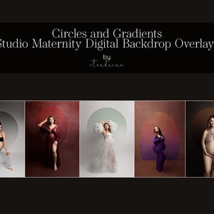 Może przedstawiać: Pięć cyfrowych nakładek tła do fotografii ciążowej. Każda nakładka zawiera gradientowe tło z kółkiem w środku. Kółka są w różnych kolorach, w tym czerwonym, zielonym, fioletowym i brązowym. Nakładki idealnie nadają się do dodania odrobiny elegancji i wyrafinowania do zdjęć ciążowych.