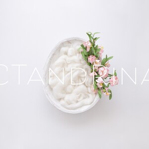 White Egg Newborn Digital Backdrop, Easter Newborn Background for Photoshop with White Wood Carved Bowl and White Wool Fluff and Flowers