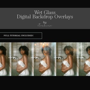 May include: Five digital backdrop overlays featuring a wet glass effect. Each overlay shows a pregnant woman standing in a shower with water droplets on the glass.