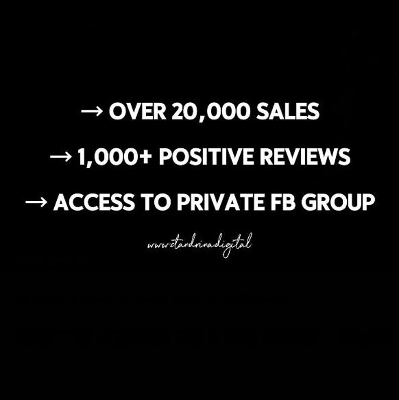 May include: Black and white text on a black background. The text reads: "&rarr; OVER 20,000 SALES", "&rarr; 1,000+ POSITIVE REVIEWS", "&rarr; ACCESS TO PRIVATE FB GROUP", "www.retraindigital"