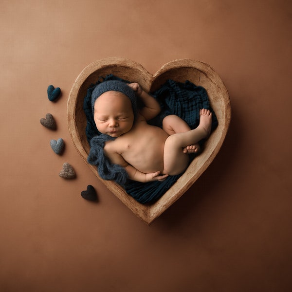 Newborn Digital Backdrop, Newborn Boy Backdrops, Blue heart Bowl Digital Background, Felt Hearts Heart Bowl Newborn Backdrop for Photoshop