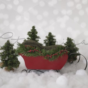 Santa Sleigh Newborn Digital Backdrop, Red Sleigh with Pine Trees and Bokeh Digital Background, Christmas Digital Backdrops for Photoshop