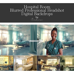 Puede incluir: Un fondo digital que presenta una imagen borrosa de una habitación de hospital con una cama, cortinas y una ventana. La habitación está bien iluminada y tiene un ambiente limpio y moderno. Este fondo es perfecto para retratos profesionales.