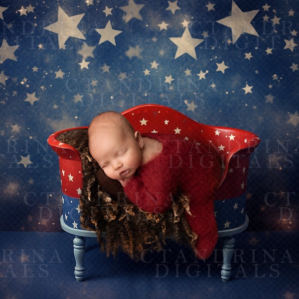 Patriotic Newborn Digital Backdrop, 4th of July Newborn Background, Independence Day, Red White and Blue Star Baby Backdrop for Photoshop