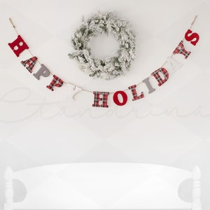 Happy Holidays Banner with Wreath and Headboard Digital Backdrop, White and Bright Christmas Background, Christmas Backdrop for Photoshop