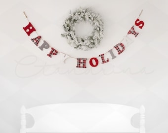 Happy Holidays Banner with Wreath and Headboard Digital Backdrop, White and Bright Christmas Background, Christmas Backdrop for Photoshop