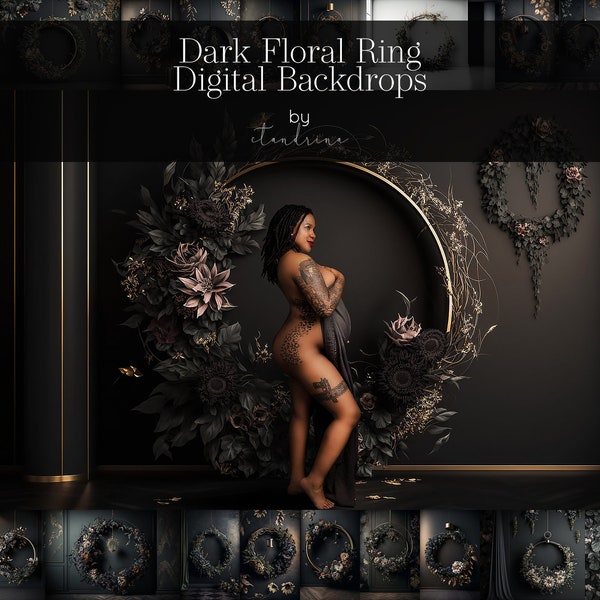 Dark Floral Ring Backdrops, Dark Floral Hoop Backdrops, Maternity Digital Backdrops, Maternity Floral Ring Backdrops for Photoshop