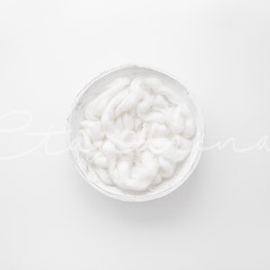 White Newborn Digital Backdrop, Newborn Background for Photoshop with White Wood Carved Bowl and White Wool Fluff, Bright and Clean