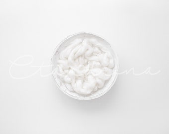 White Newborn Digital Backdrop, Newborn Background for Photoshop with White Wood Carved Bowl and White Wool Fluff, Bright and Clean