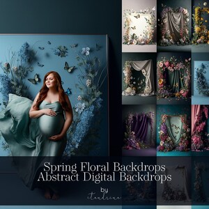 May include: A collage of digital backdrops featuring floral arrangements, butterflies, and draped fabric. The backdrops are designed for photography and are available in a variety of colors and styles. The text "Spring Floral Backdrops Abstract Digital Backdrops by etandrina" is at the bottom of the image.