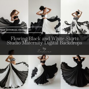 Puede incluir: Un conjunto de fondos digitales con faldas negras y blancas fluidas para fotografía de maternidad. Los fondos son perfectos para crear imágenes elegantes y atemporales. El texto "FULL TUTORIAL INCLUDED!" es visible en la imagen.