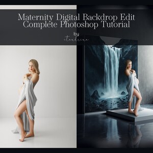 May include: A pregnant woman wearing a white flowing dress stands in front of a white background. On the right side of the image, the woman is shown standing in front of a digital backdrop of a waterfall. The text "Maternity Digital Backdrop Edit Complete Photoshop Tutorial by standrina" is at the top of the image.
