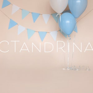 以下が含まれることがあります： 薄い桃色の背景に、「CTANDRINA」と書かれた白いバナーがあります。白い風船が1つと薄い青色の風船が2つあり、銀色のリボンがぶら下がっています。薄い青色と白の三角形の旗が連なったものが、風船の上にぶら下がっています。