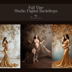 May include: Three digital backdrops featuring a pregnant woman in a gold gown standing in front of a backdrop with a vine and leaf design. The backdrops are titled "Fall Vine Studio Digital Backdrops by etandrix".