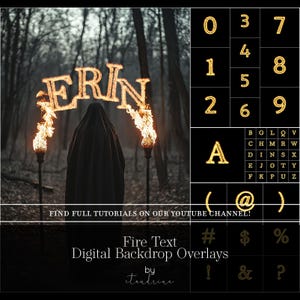 May include: A digital backdrop overlay featuring the word "ERIN" in fiery text, with flames on either side. The image includes numbers, letters, and symbols in a gold fire effect. The text "Fire Text Digital Backdrop Overlays" is also present.