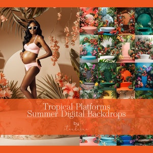 May include: A pregnant person wearing a pink bikini and sunglasses poses in front of a tropical backdrop. The image showcases a variety of colorful digital backdrops with floral arrangements and platforms. Text reads "Tropical Platforms Summer Digital Backdrops".