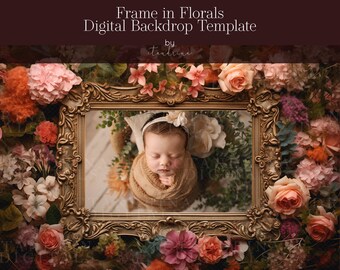 May include: A digital backdrop template featuring a gold ornate frame surrounded by a variety of pink, orange, and green flowers. The frame is empty, but a baby is visible through the glass.
