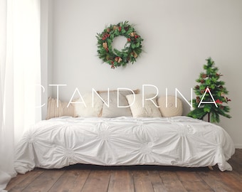 White Bed Christmas Digital Backdrop: Neutral Holiday Scene (JPG)