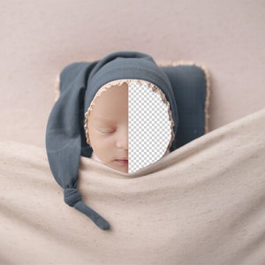 Baby Under Covers with Sleepy Hat and Pillow Newborn Digital Backdrop, PNG Newborn Digital Background, Replace the Face Backdrop
