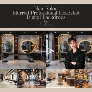 Könnte beinhalten: Bild eines Friseursalons mit einer Frau in einer schwarzen Jacke. Der Text lautet "Friseursalon, verschwommener professioneller Headshot, digitale Hintergründe". Der Salon verfügt über große Spiegel, schwarze Stühle und Regale mit Produkten. Das Design ist modern und stilvoll.