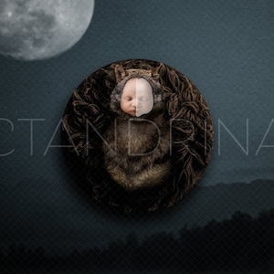 May include: A newborn baby is swaddled in a brown faux fur outfit with a wolf-like hood. The baby is sleeping peacefully in a brown, fluffy nest. The image has a dark blue background with a large, white moon in the upper left corner.