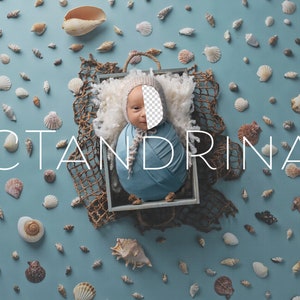 Può includere: Un bambino avvolto in una coperta blu è sdraiato in una scatola di legno bianca con una coperta bianca e soffice e una rete marrone. La scatola è circondata da conchiglie su uno sfondo blu chiaro. Il testo "CTANDRINA" è scritto in bianco sullo sfondo.