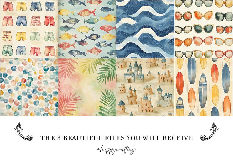 K&ouml;nnte beinhalten: Acht digitale Aquarellpapiere mit Sommerthemen. Die Designs umfassen Shorts, Fische, Wellen, Sonnenbrillen, Blasen, Palmenbl&auml;tter, Burgen und Surfbretter. Der Text unten lautet "THE 8 BEAUTIFUL FILES YOU WILL RECEIVE".