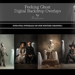 May include: A promotional image for digital backdrop overlays featuring children in Halloween costumes. The text reads "Peeking Ghost Digital Backdrop Overlays" and "Find full tutorials on our YouTube channel!"