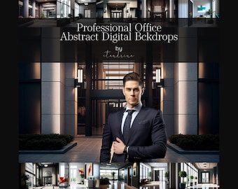 Pode incluir: Um homem de terno escuro está em frente a um prédio de escritórios moderno. O prédio tem janelas grandes e uma entrada de vidro. O texto "Professional Office Abstract Digital Backdrops by etendrix" é exibido acima do homem.