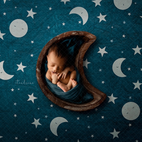 Moon and Stars Newborn Digital Backdrop, Cute Boy Newborn Digital Background, Moon Bowl With Stars Baby Backdrop for Photoshop Composites